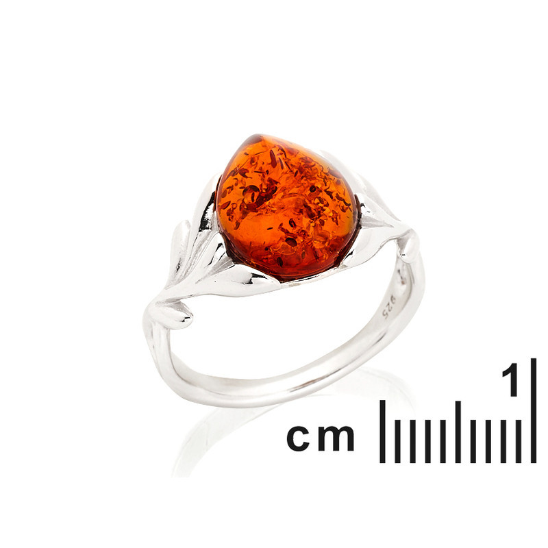 Bague en ambre cognac naturel de la mer Baltique goutte, en argent 925 rhodié
