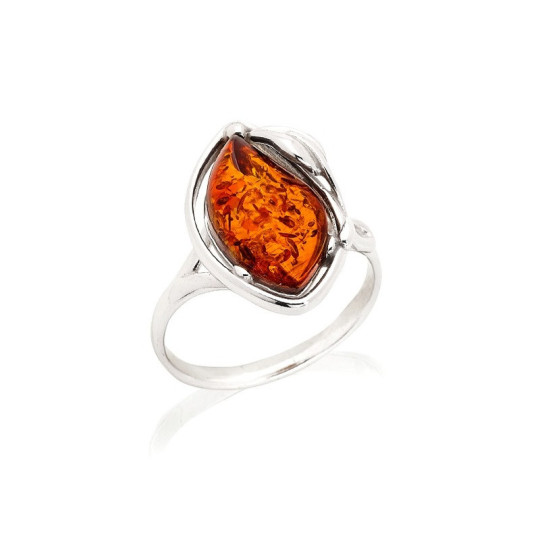 Bague en ambre cognac de la mer Baltique goutte, en argent 925 rhodié