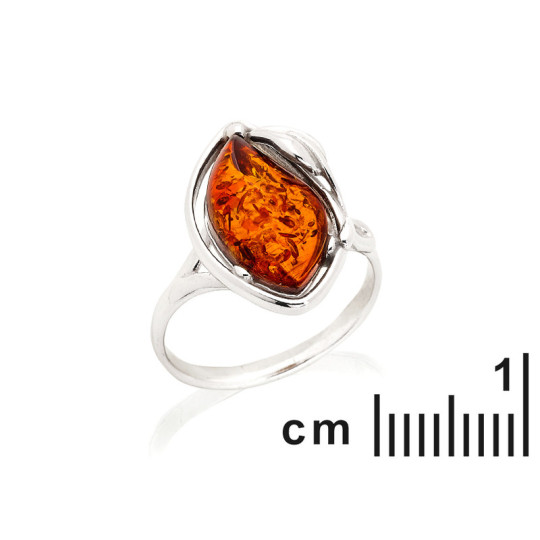 Bague en ambre cognac de la mer Baltique goutte, en argent 925 rhodié