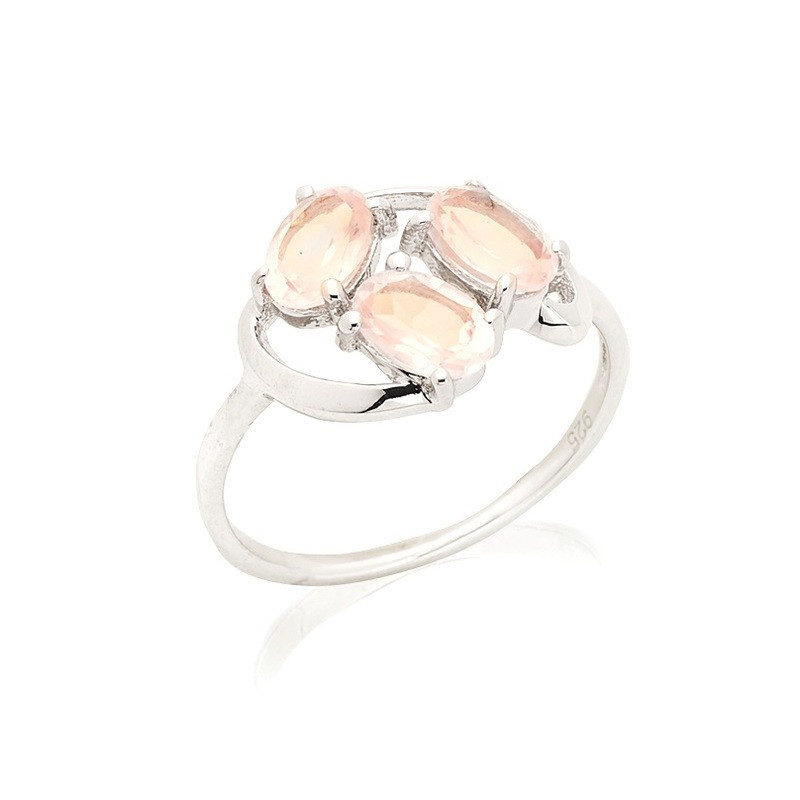 Oval rose quartz ring, rhodium-plated 925 silver