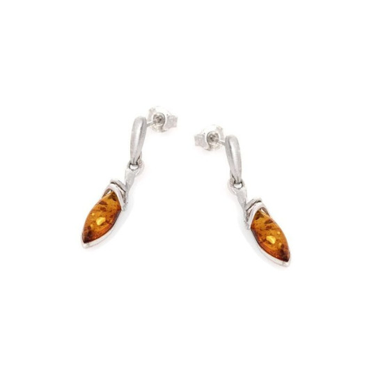 Boucles d'oreilles pendantes en ambre cognac naturel, en argent 925 rhodié