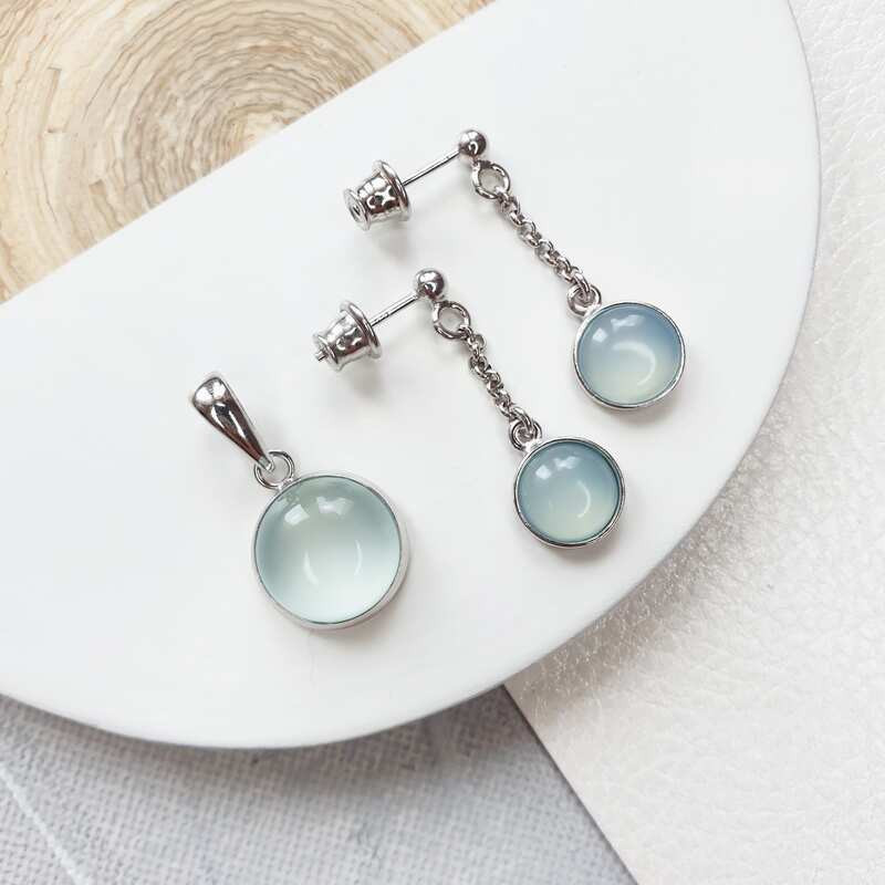 Boucles d'oreilles pendantes rondes en agate bleue, en argent 925 rhodié