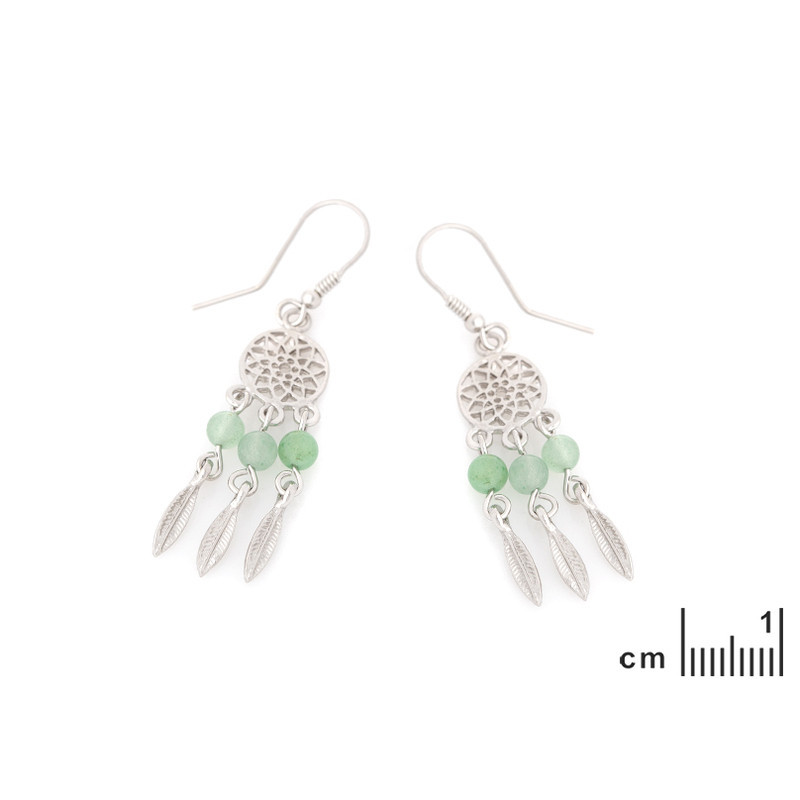 Round natural green aventurine stud earrings, in rhodium-plated 925 silver