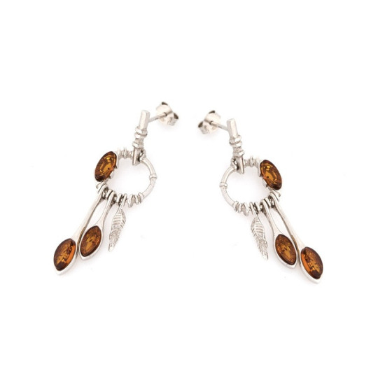 Boucles d'oreilles pendantes en ambre cognac navette, en argent 925 rhodié