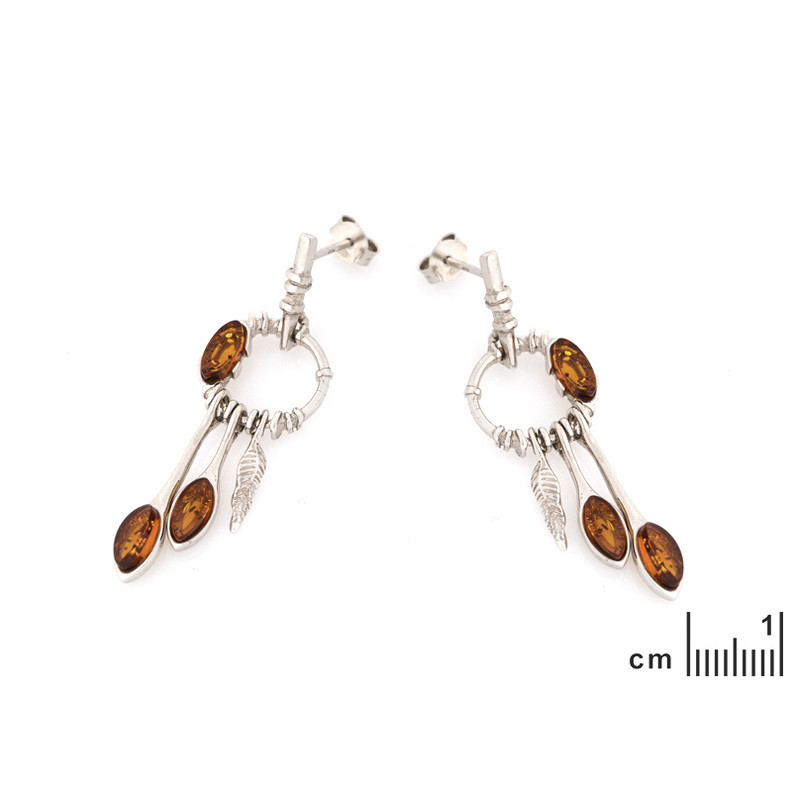 Boucles d'oreilles pendantes en ambre cognac navette, en argent 925 rhodié