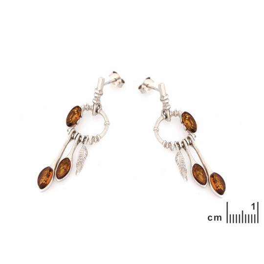 Boucles d'oreilles pendantes en ambre cognac navette, en argent 925 rhodié