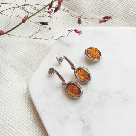 Ovale Cognac-Bernstein-Tropfenohrringe, rhodiniertes 925er Silber