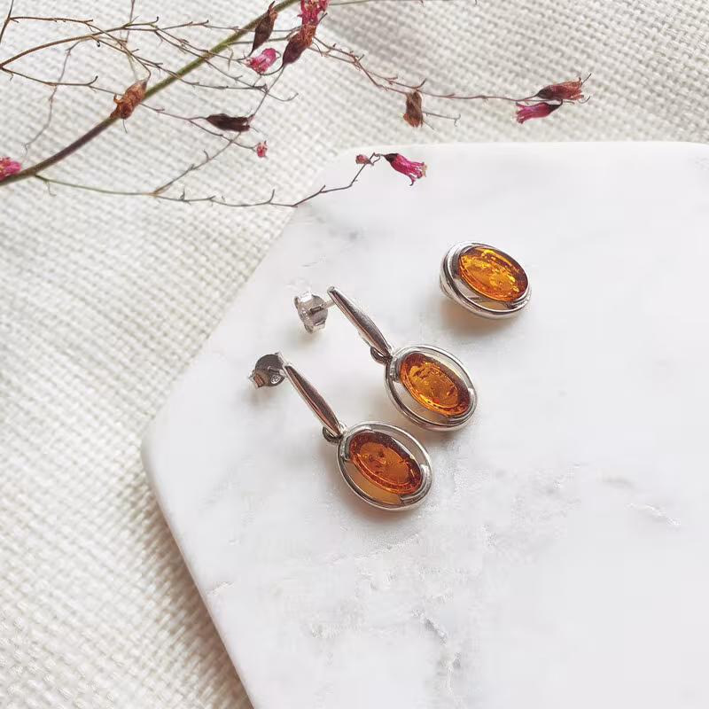 Oval cognac amber drop earrings, rhodium-plated 925 silver