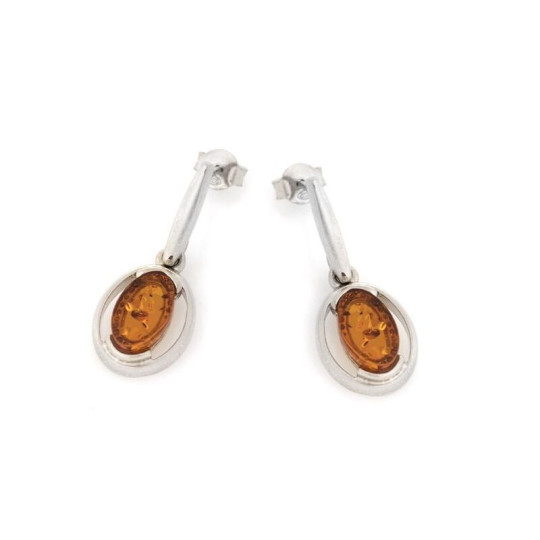 Pendientes ovalados de ámbar coñac en plata 925 rodiada.