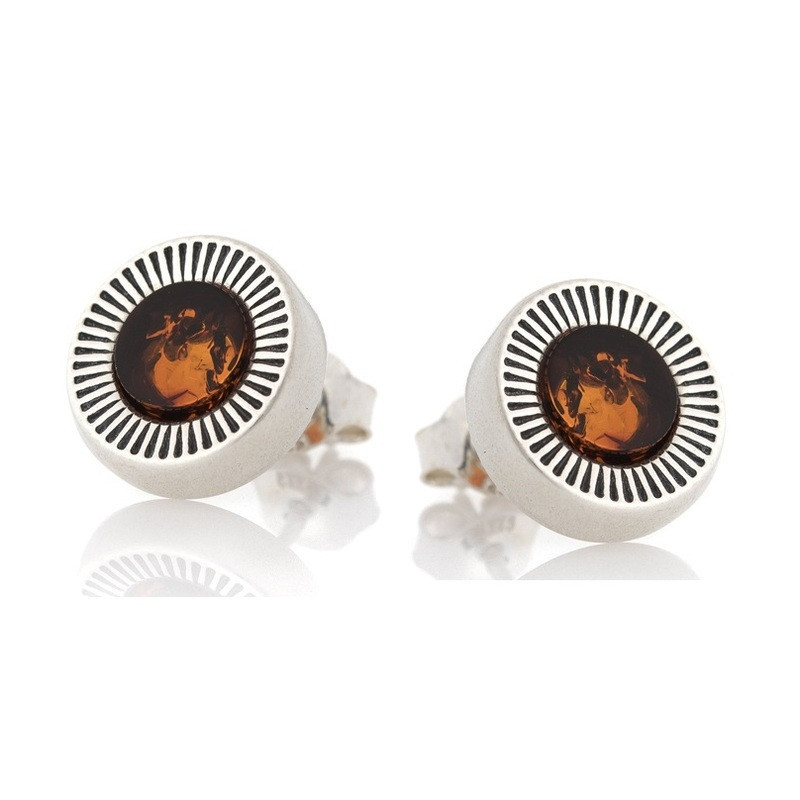 Orecchini a bottone rotondi in ambra cognac del Mar Baltico in argento 925 invecchiato