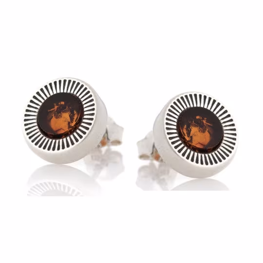 Runde Ohrstecker aus Ostsee-Cognac-Bernstein in gealtertem 925er Silber