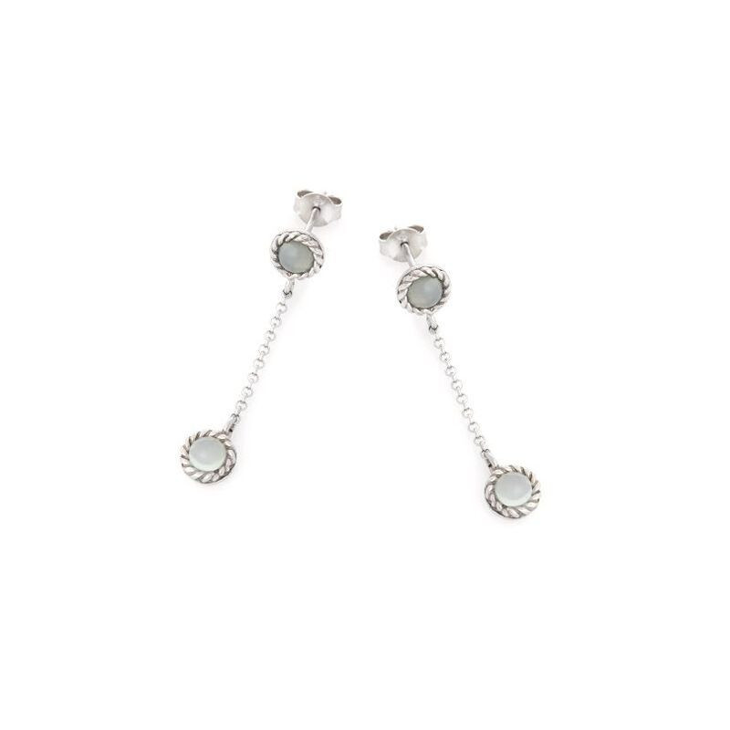 Round blue agate drop earrings, rhodium-plated 925 silver