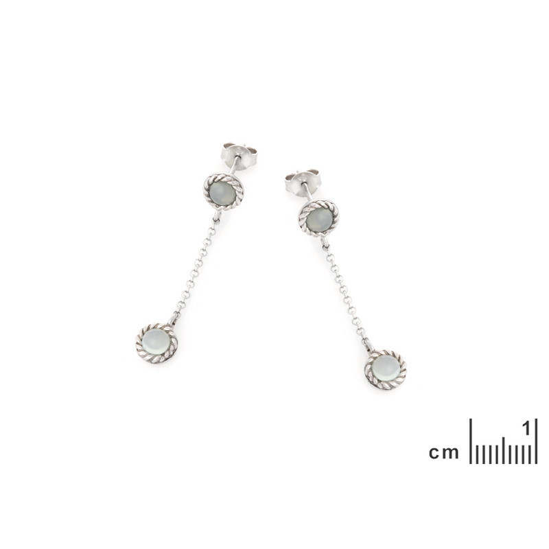 Round blue agate drop earrings, rhodium-plated 925 silver