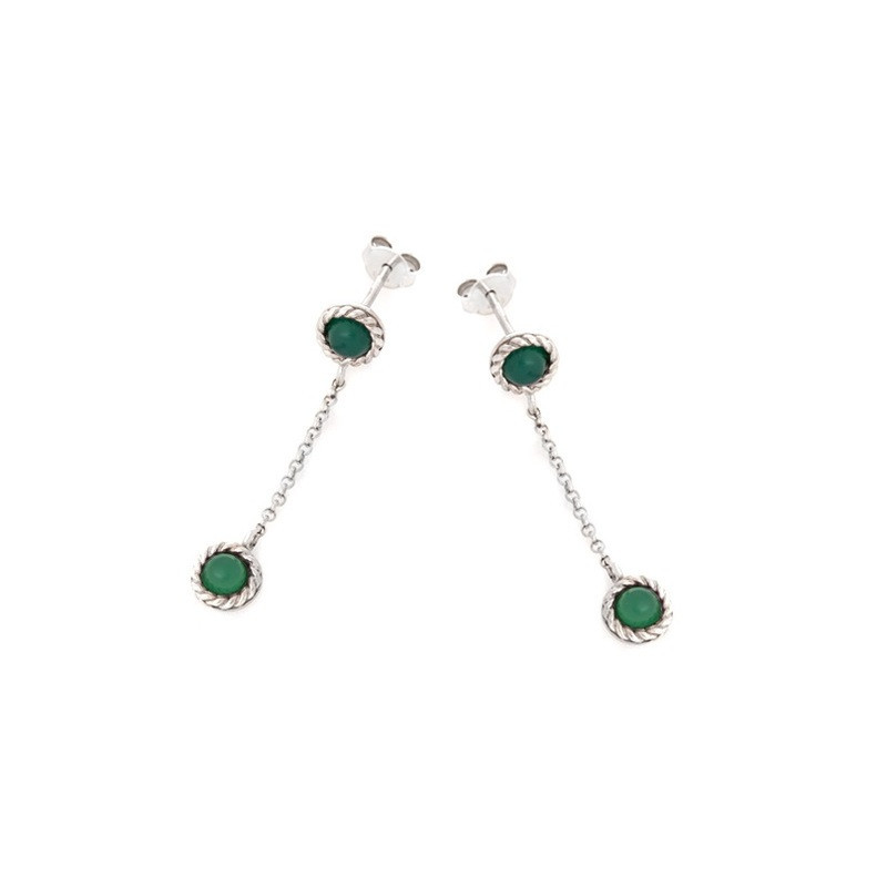 Boucles d'oreilles pendantes rondes en agate verte, en argent 925 rhodié