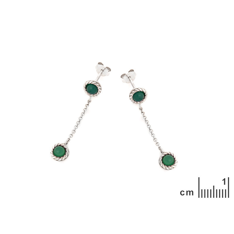 Round green agate drop earrings, rhodium-plated 925 silver