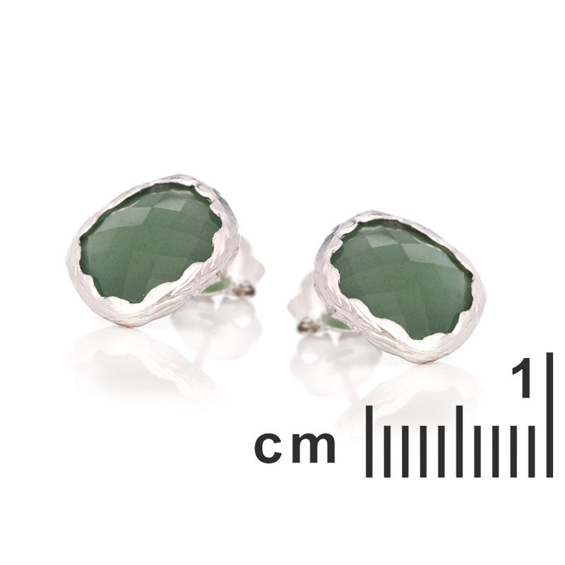 Cushion-shaped natural green aventurine stud earrings in rhodium-plated 925 silver