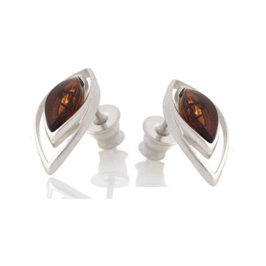 Pendientes de botón con forma de navette de ámbar coñac natural, en plata 925 rodiada.