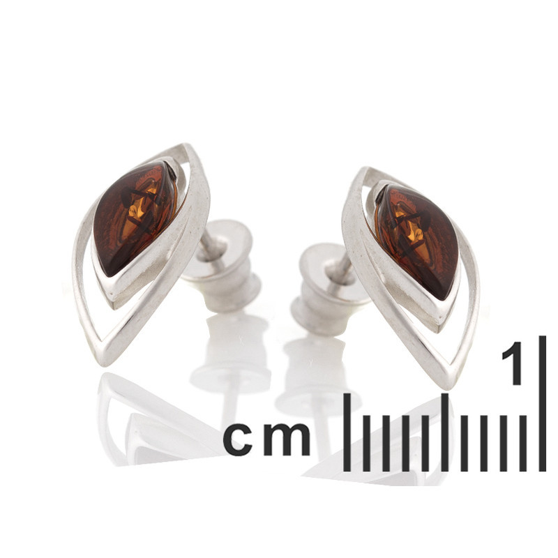 Pendientes de botón con forma de navette de ámbar coñac natural, en plata 925 rodiada.