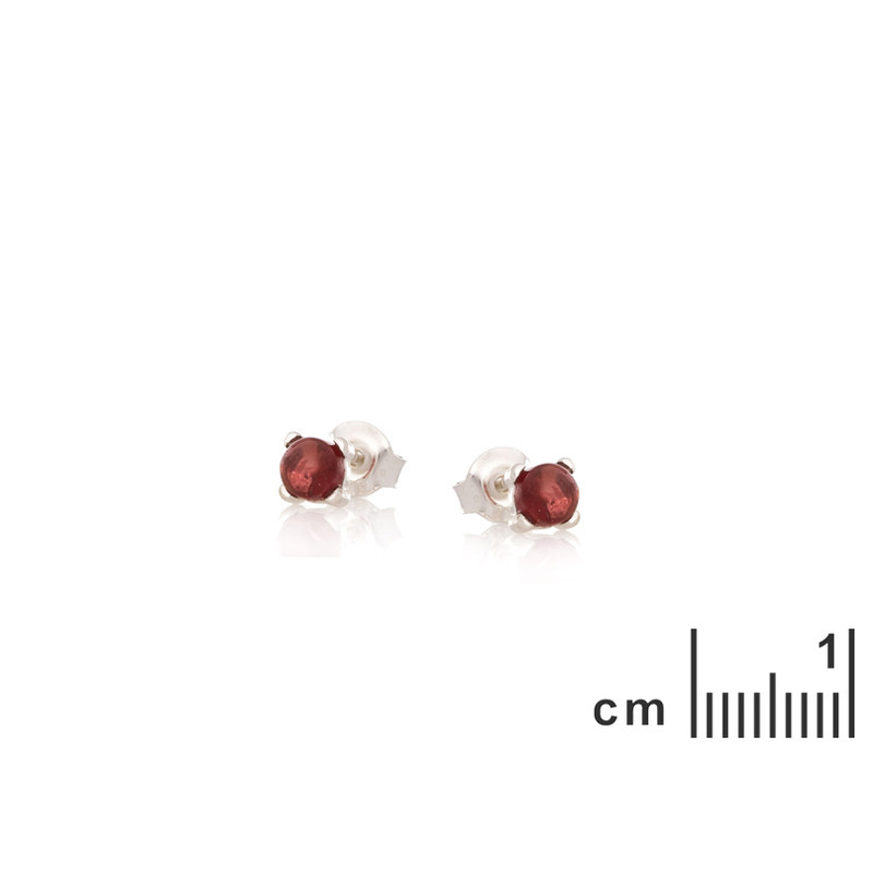 Clous d'oreilles en grenat rouge naturel rond, en argent 925 rhodié