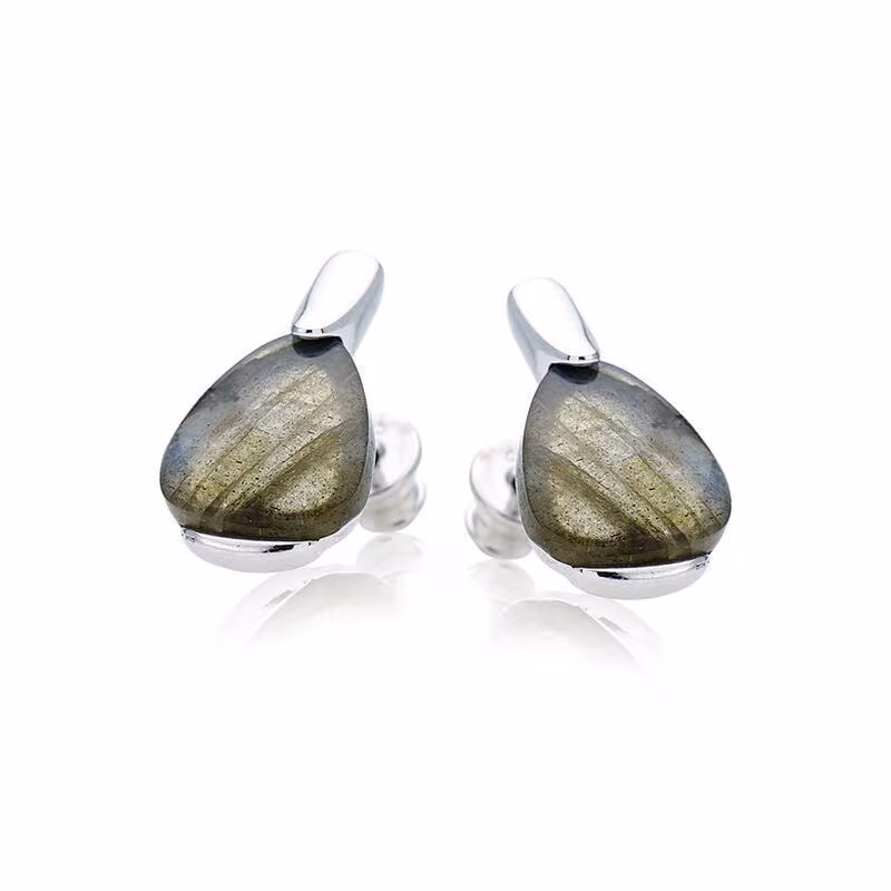 Clous d'oreilles en labradorite multicolore triangle, en argent 925 rhodié