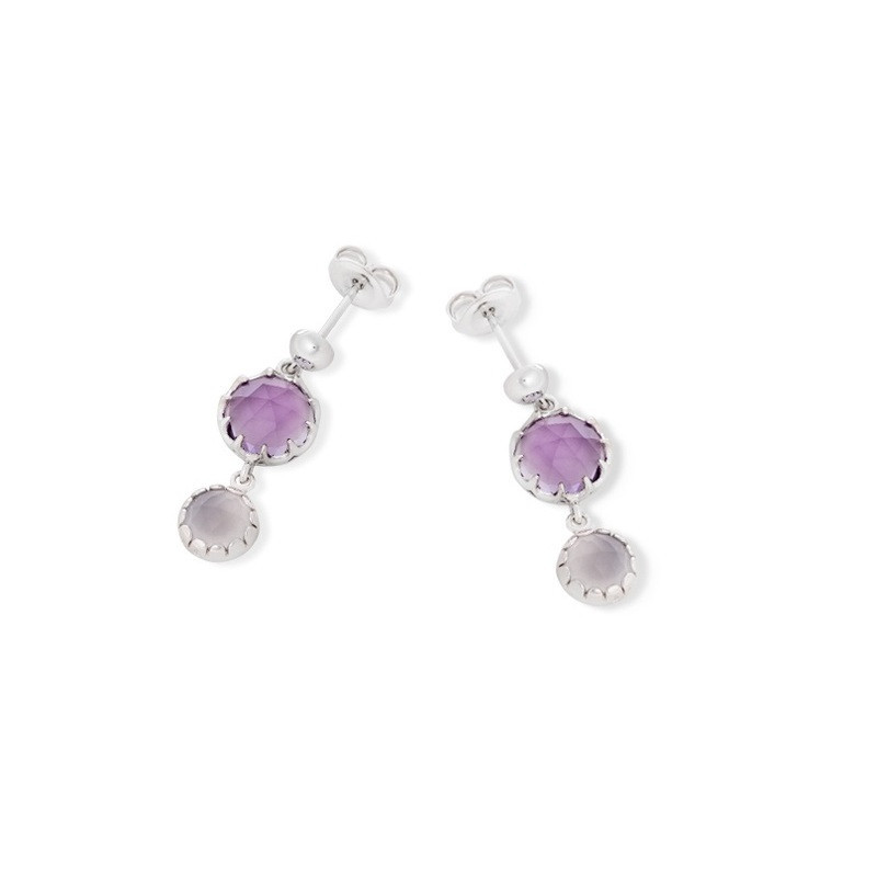Amethyst and chalcedony drop earrings, rhodium-plated 925 silver