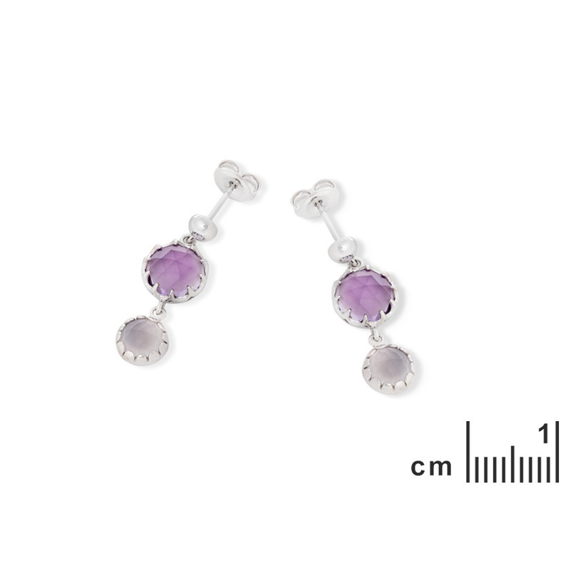 Amethyst and chalcedony drop earrings, rhodium-plated 925 silver
