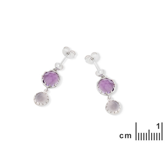 Amethyst and chalcedony drop earrings, rhodium-plated 925 silver