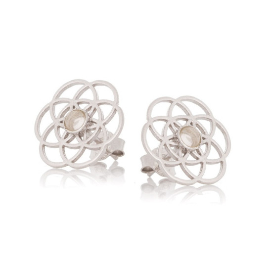 Clous d'oreilles fleurs de vie en quartz rose naturel rond, en argent 925 rhodié