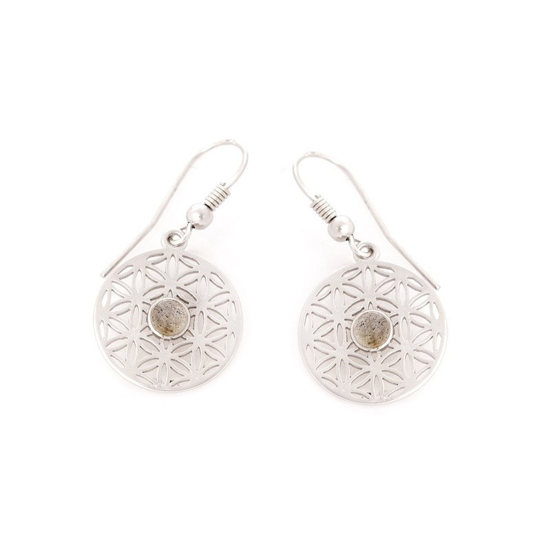 Boucles d'oreilles pendantes fleurs de vie en labradorite, en argent 925 rhodié
