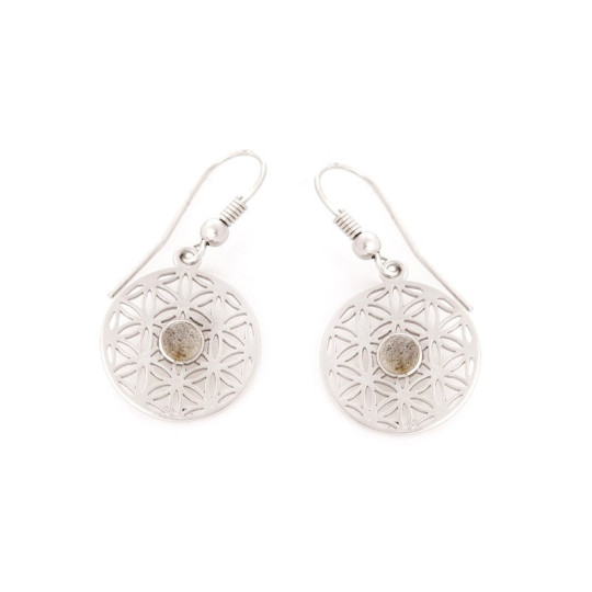 Boucles d'oreilles pendantes fleurs de vie en labradorite, en argent 925 rhodié