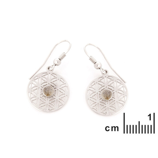 Boucles d'oreilles pendantes fleurs de vie en labradorite, en argent 925 rhodié