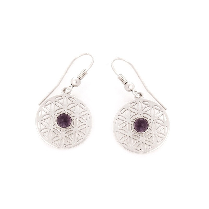 Amethyst Flower of Life Dangle Earrings in Rhodium-Plated 925 Silver