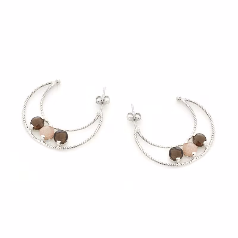 Round moonstone hoop earrings, rhodium-plated 925 silver