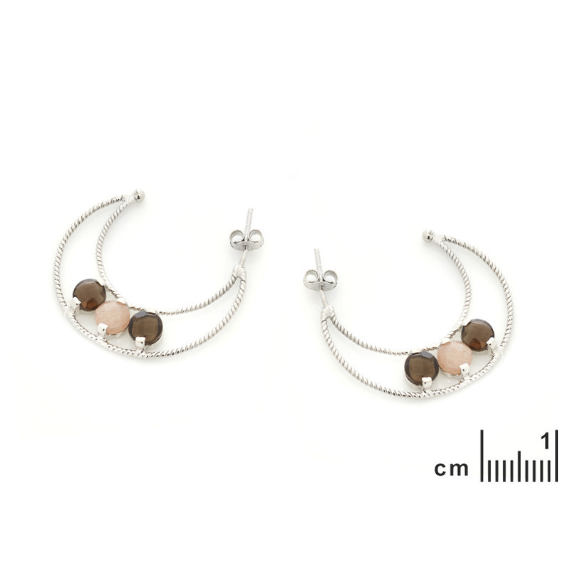 Round moonstone hoop earrings, rhodium-plated 925 silver