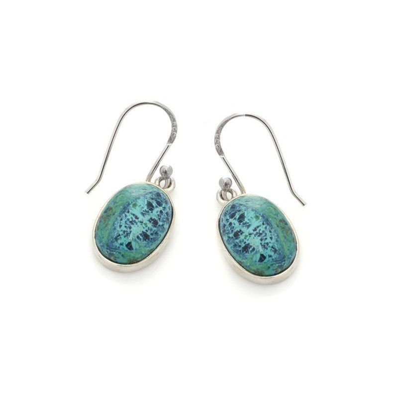 Boucles d'oreilles pendantes en shattuckite bleue ovale, en argent 925 rhodié
