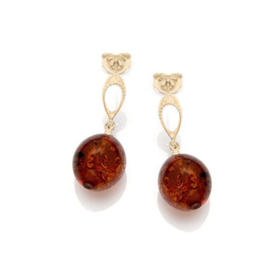 Boucles d'oreilles pendantes en ambre cognac naturel boule, en argent 925 doré