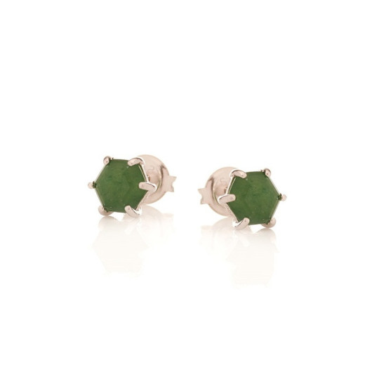 Natural green aventurine hexagon stud earrings, in rhodium-plated 925 silver