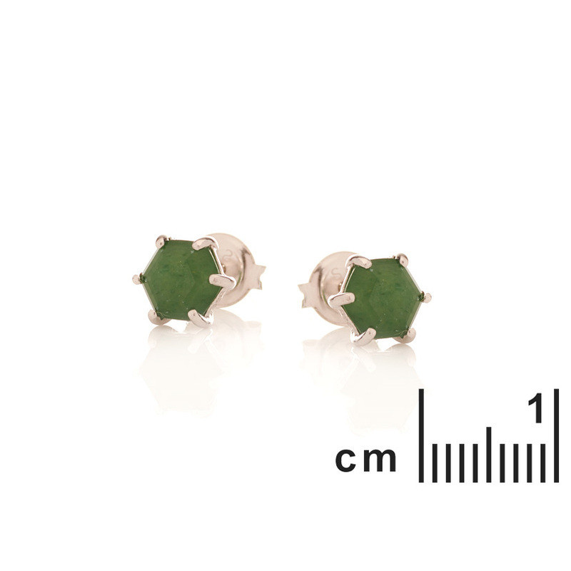 Natural green aventurine hexagon stud earrings, in rhodium-plated 925 silver