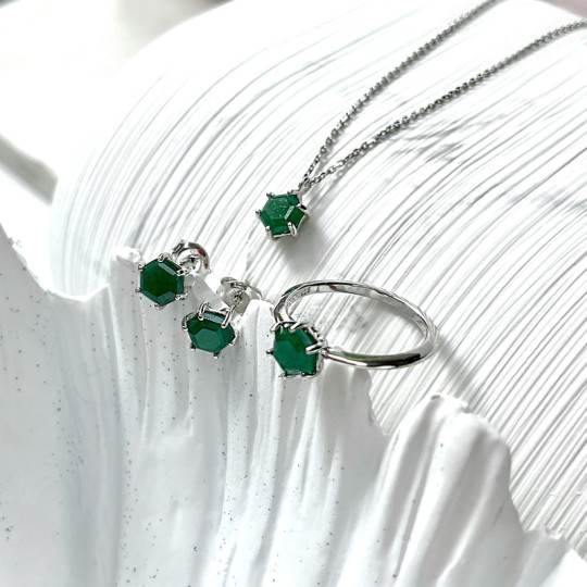 Natural green aventurine hexagon stud earrings, in rhodium-plated 925 silver