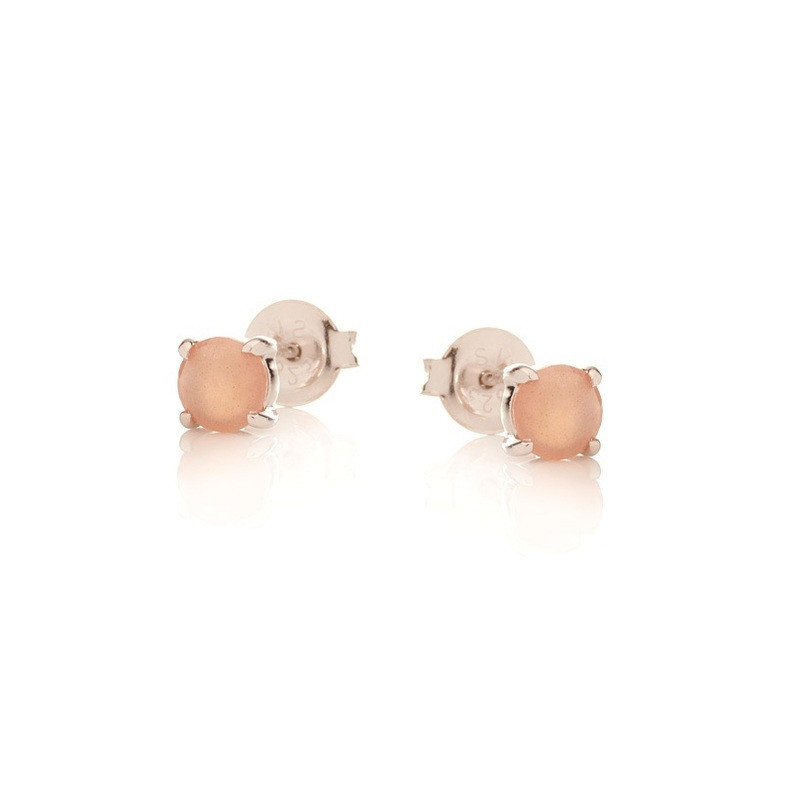 Round Natural Pink Moonstone Stud Earrings in Rhodium Plated 925 Silver