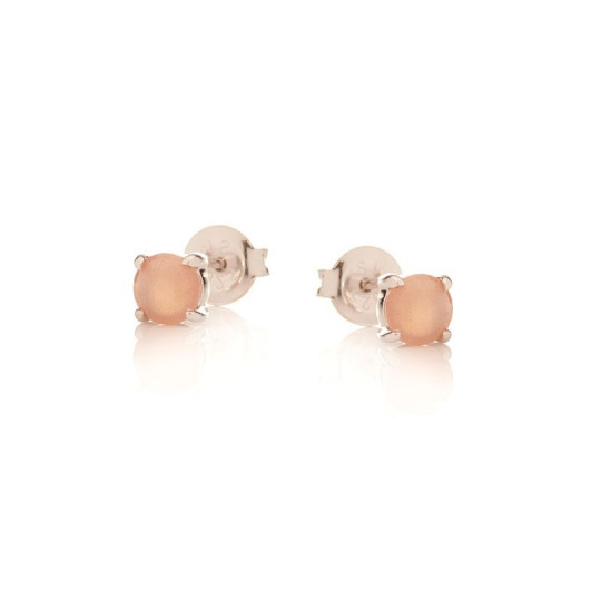 Round Natural Pink Moonstone Stud Earrings in Rhodium Plated 925 Silver