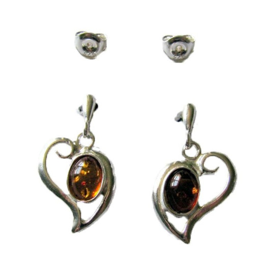 Boucles d'oreilles coeurs en ambre cognac naturel, en argent 925