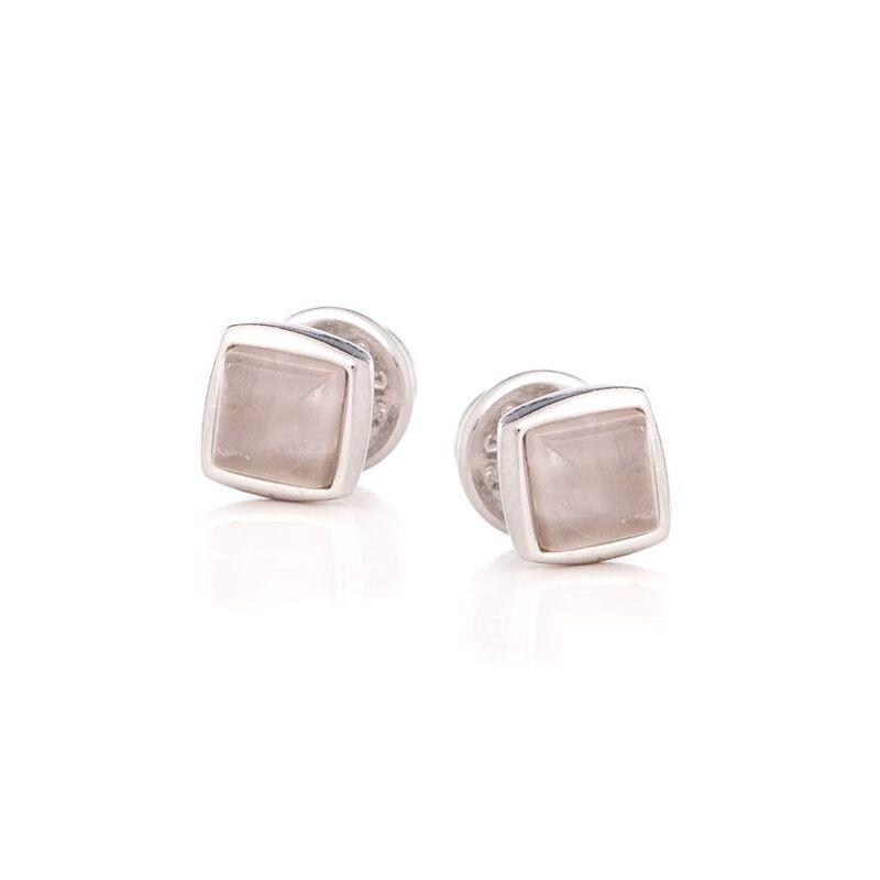 Clous d'oreilles en quartz rose carrée, en argent 925 rhodié