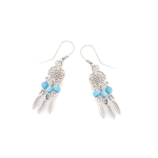 Clous d'oreilles en turquoise bleue ronde, en argent 925 rhodié