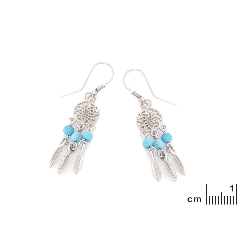 Clous d'oreilles en turquoise bleue ronde, en argent 925 rhodié