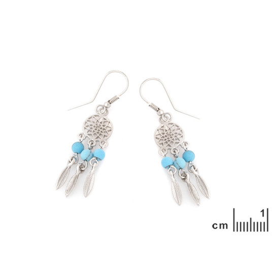 Clous d'oreilles en turquoise bleue ronde, en argent 925 rhodié