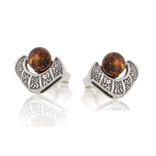 Clous d'oreilles en ambre cognac naturel boule, en argent 925 vieilli