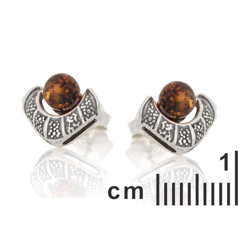 Clous d'oreilles en ambre cognac naturel boule, en argent 925 vieilli