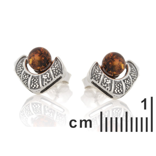 Clous d'oreilles en ambre cognac naturel boule, en argent 925 vieilli