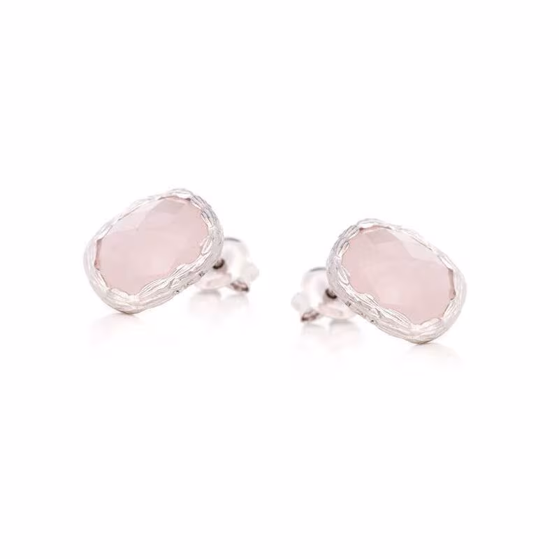 Cushion-cut natural rose quartz stud earrings in rhodium-plated 925 silver